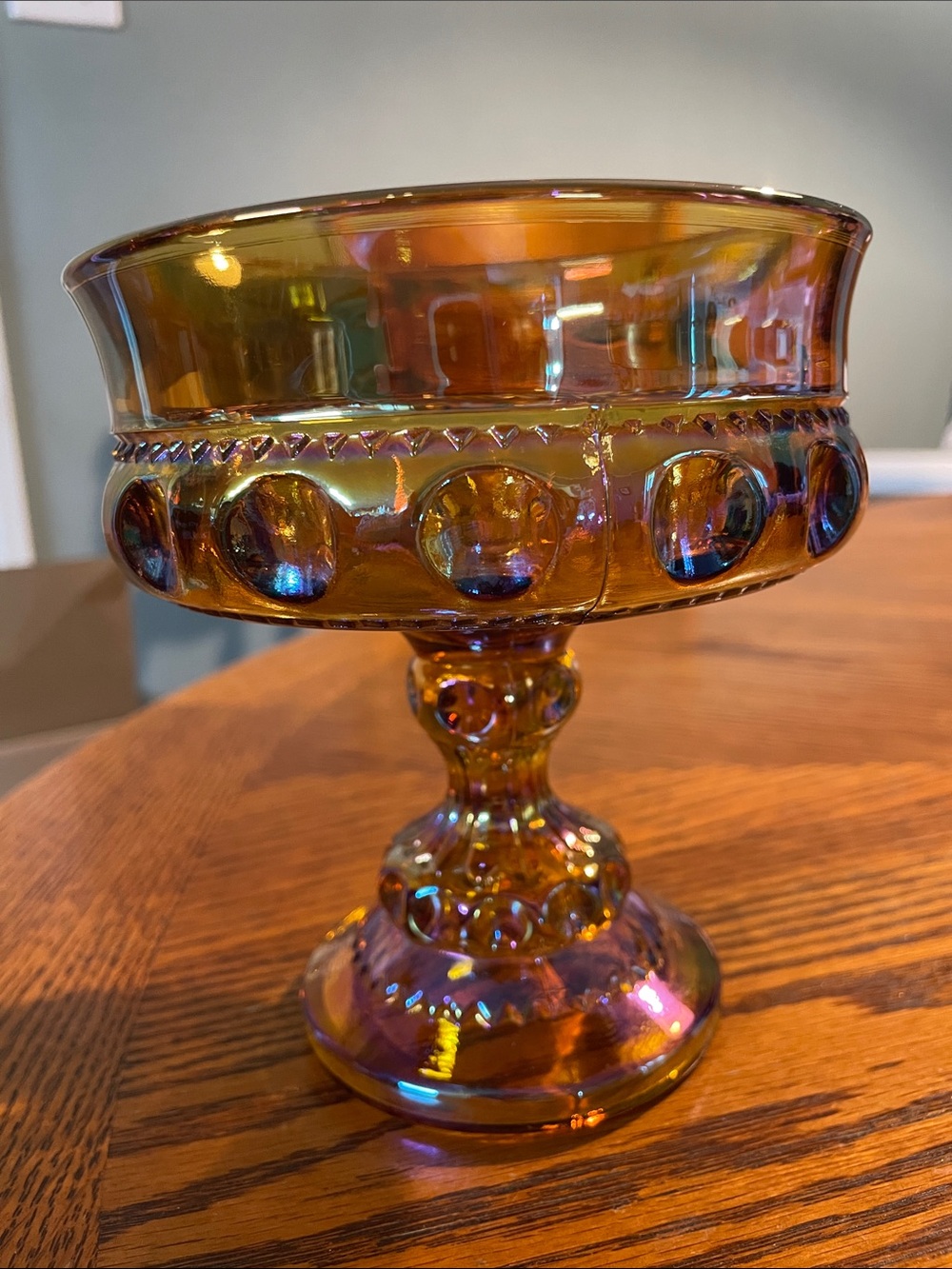 Kings Crown Thumbprint Indiana Carnival Glass Amber Compote Candy Dish
